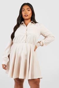 Boohoo Plus Poplin Skater Blouse Jurk, Stone