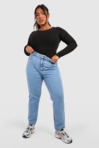 Boohoo Plus Basic High Waist Slim Fit Mom Jeans, Light Blue