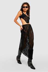 Boohoo Gehaakte Premium Korset Top Met Kanten Rug En Maxi Rok Set, Black