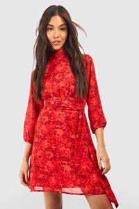 Boohoo Chiffon Skater Jurk Met Print, Red