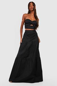 Boohoo Gedraaide Poplin Bralette Met Harvormige Hals En Maxi Rok, Black