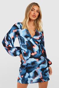 Boohoo Abstracte Skater Jurk Met Geplooide Buste, Blue