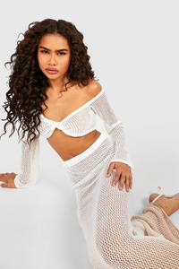 Boohoo Gehaakte Ombre Off Shoulder Top En Maxi Rok Set, Ivory