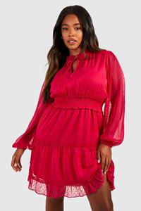 Boohoo Plus Dobby Mesh Skater Jurk Met Strik, Berry