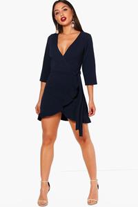 Boohoo Nette Wikkel Skater Jurk Met Franjes, Marineblauw