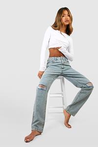 Boohoo Basic Jeans Met Hoge Taille, Rechte Pijpen En Gescheurde Knieën, Washed Blue