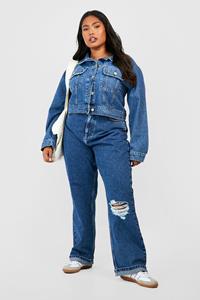 Boohoo Plus Licht Gebleekte Jeans Met Gescheurde Knieën En Rechte Pijpen, Mid Blue