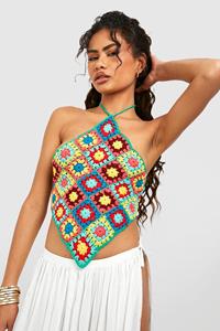 Boohoo Gehaakte Premium Crop Top Met Halter Neck, Green