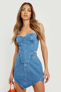 Boohoo Geplooide Denim Korset Met Cup Detail, Mid Blue