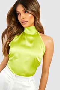 Boohoo Satijnen Halter Hemdje Met Strik, Chartreuse