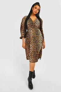 Boohoo Plus Midi Skater Jurk Met Lange Mouwen, Leopard