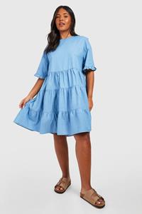 Boohoo Plus Gesmokte Chambray Jurk Met Laagjes, Light Wash