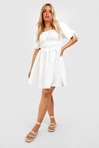 Boohoo Plus Geplooide Skater Jurk Met Pofmouwen, White