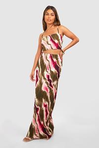 Boohoo Plisse Tie Dye Hemdje Met Vierkante Hals En Maxi Rok, Khaki