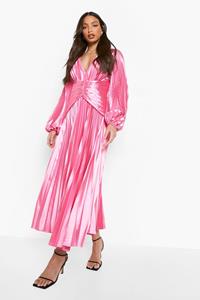 Boohoo Tall Geplooide Satijnen Midaxi Gelegenheids Jurk, Fuchsia