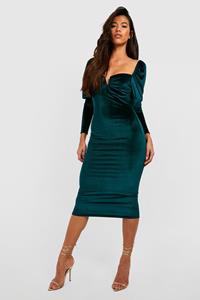 Boohoo Tall Fluwelen Midi Jurk Met Harvormige Hals En Pofmouwen, Bottle Green