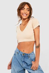 Boohoo Basic Geribbelde Crop Top Met V-Hals En Korte Mouwen, Stone