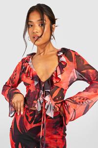 Boohoo Petite Bloemenprint Blouse Met Ruches, Red