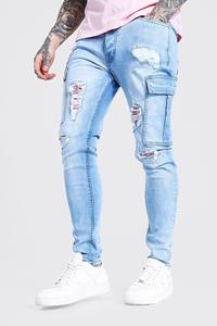 Boohoo Bandana Print Stretch Rip & Repair Cargo Skinny Jeans, Ice Blue