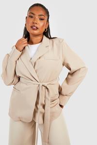 Boohoo Plus Woven Shoulder Pad Belted Blazer, Stone