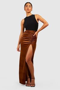 Boohoo Velvet Ruched High Split Maxi Skirt, Chocolate