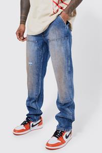 Boohoo Onbewerkte Vuil Gebleekte Carpenter Jeans Met Rechte Pijpen, Mid Blue