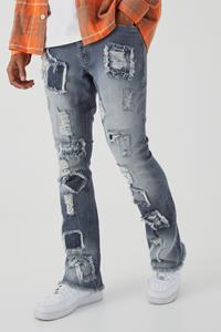 Boohoo Onbewerkte Versleten Flared Slim Fit Jeans Met Patches, Charcoal