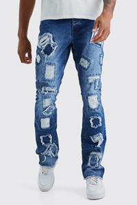 Boohoo Tall Onbewerkte Versleten Flared Slim Fit Jeans Met Patches, Dark Blue