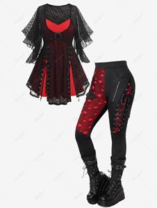 Rosegal Mesh Jacquard Lace-up Butterfly Sleeve 2 In 1 Top And Mesh Overlay Lace-up Zippered Skinny Pants Gothic Outfit