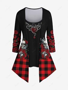 Rosegal Plus Size 3D Skull Rose Floral Heart Branch Plaid Print Halloween Patchwork 2 in 1 T-shirt
