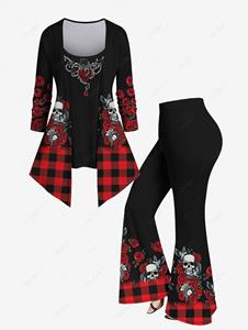 Rosegal Plus Size 3D Skull Rose Floral Heart Branch Plaid Printed Halloween Patchwork 2 in 1 T-shirt and Flare Pants Outfit