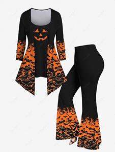 Rosegal Plus Size Bats Pumpkin Devil Printed Halloween 2 in 1 Patchwork T-shirt and Flare Pants Outfit