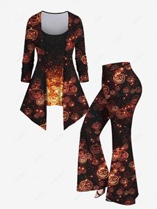 Rosegal Plus Size Halloween Pumpkin Glitter Printed 2 In 1 T-shirt and Flare Pants Outfit