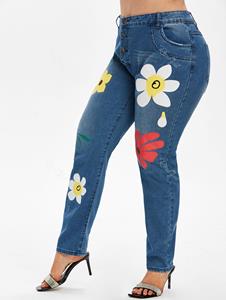 Rosegal Plus Size Button Fly Floral Print Jeans
