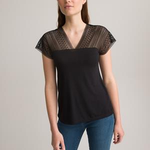 ANNE WEYBURN T-shirt met V-hals, korte mouwen, detail in kant