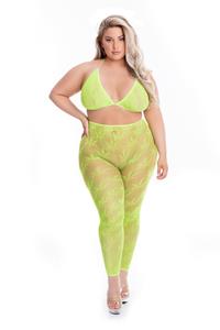 Pink Lipstick Lingerie Top & Leggings Plus Size Set: BH und Leggings mit Hanfblatt-Muster - grün