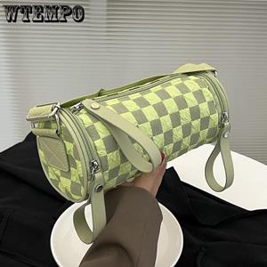 WTEMPO Women's Crossbody Bag Plaid Cylinder Bag Trendy Fashion Casual Simple Wide Shoulder Strap Retro One Small Shoulder Messenger Bag