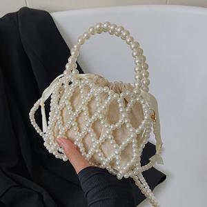 Yogodlns French Retro Handbag Fairy Woven Beaded Bucket Bag Crossbody Bag Summer Niche Design Hollowed Out Pearl Bag