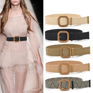 Foreign Parts Summer Women's Elastic Braided Belt Square Buckle Vintage Boho Straw Belt Dress Belt