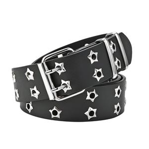 Happypilot 110CM Star Rivet Waist Belt Goth Style Double Pin Buckle Women Fashion Casual Punk Leather Waistband
