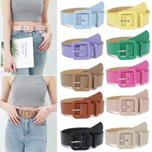 PortNicce Candy Color Luxury Design Square Buckle Waistband Leather Belt Thin Waist Strap Trouser Dress Belts