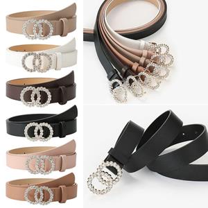 Dalabjng Casual Ladies Dress Belts Two Circle DiamondLeather Belt Double Ring Buckle Waistband Pants Bands