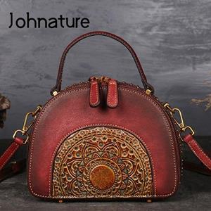Johnature Retro Handmade Totem Handbag Genuine Leather Women Bag Cowhide Small Shoulder & Crossbody Bags