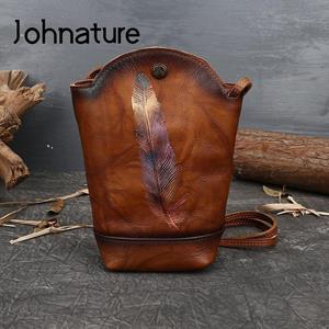 Johnature Genuine Leather Women Bucket Bag Mini Bags Retro First Layer Cowhide Shoulder Bag