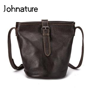 Johnature Retro Women Bag Genuine Leather Leisure Ladies Small Bags Versatile Soft Cowhide Shoulder & Crossbody Bags