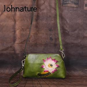 Johnature Retro Embossed Genuine Leather Small Women Bag Leisure Cowhide  Hand Bag Floral Ladies Mini Shoulder Bags