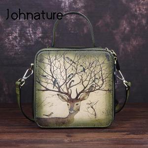 Johnature Retro Small Bag Genuine Leather Women Handbag Hand Brushed Animal Prints Cowhide Shoulder & Crossbody Bags