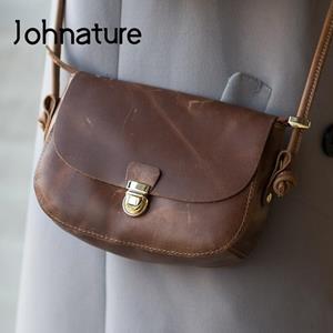 Johnature Retro Handmade Crazy Horse Leather Women Small Bag Simple Natural Soft Cowhide Shoulder Messenger Bags