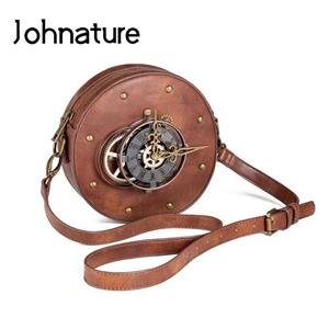Johnature Retro Circular Women Shoulder Bags Steampunk Style High Quality Pu Leather All-match Female Messenger Bag