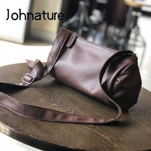 Johnature Casual Genuine Leather Crossbody Bags For Women Retro Soft Cowhide Small Shoulder Bags Solid Color Messenger Bag